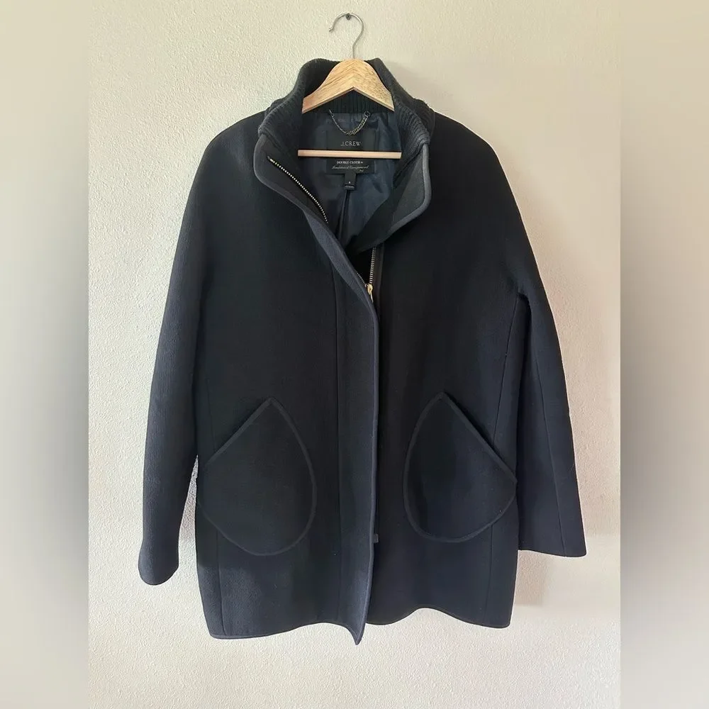 J Crew Black Double Cloth Cocoon Patch Pocket Peacoat Wool Blend Coat Size 8 - Picture 3 of 12